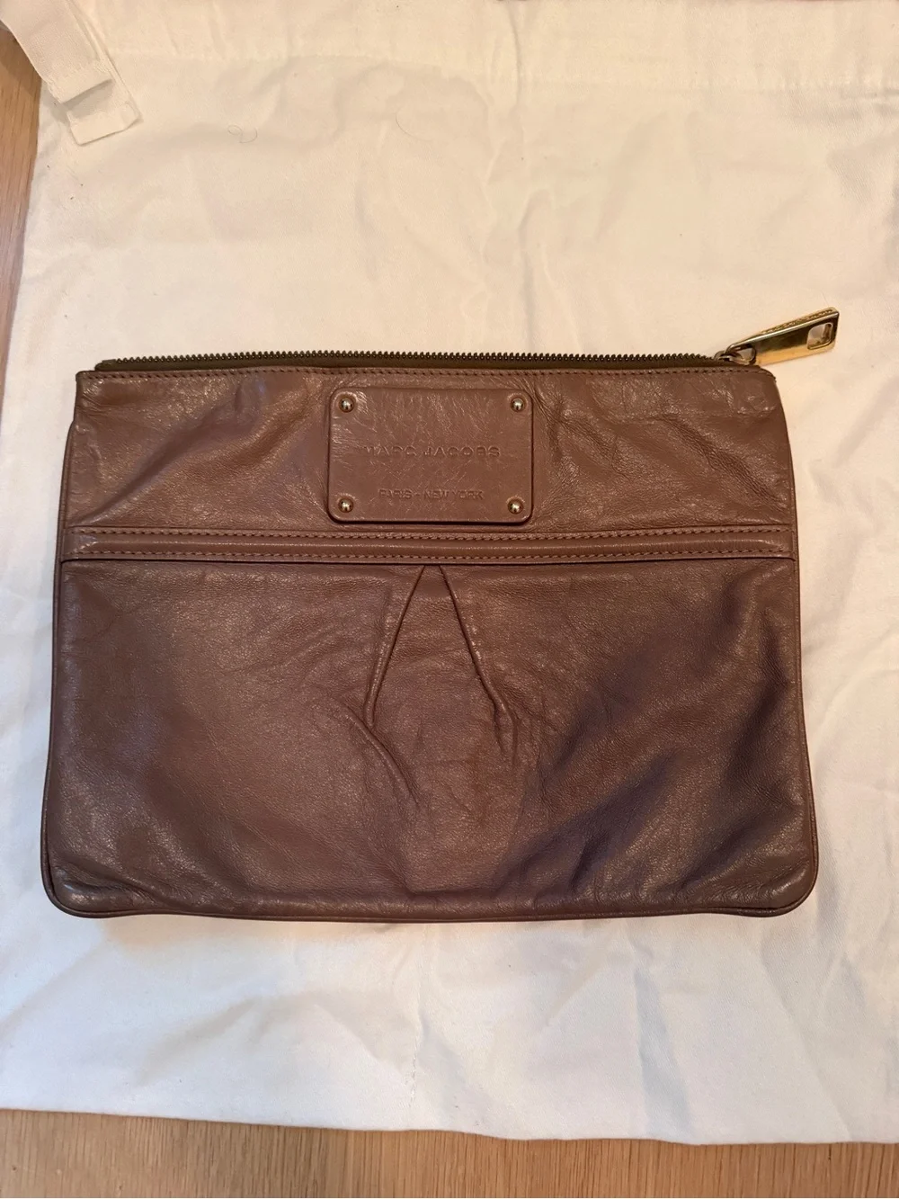 Marc Jacobs Brown Leather Zip Clutch with Gold Hardware
